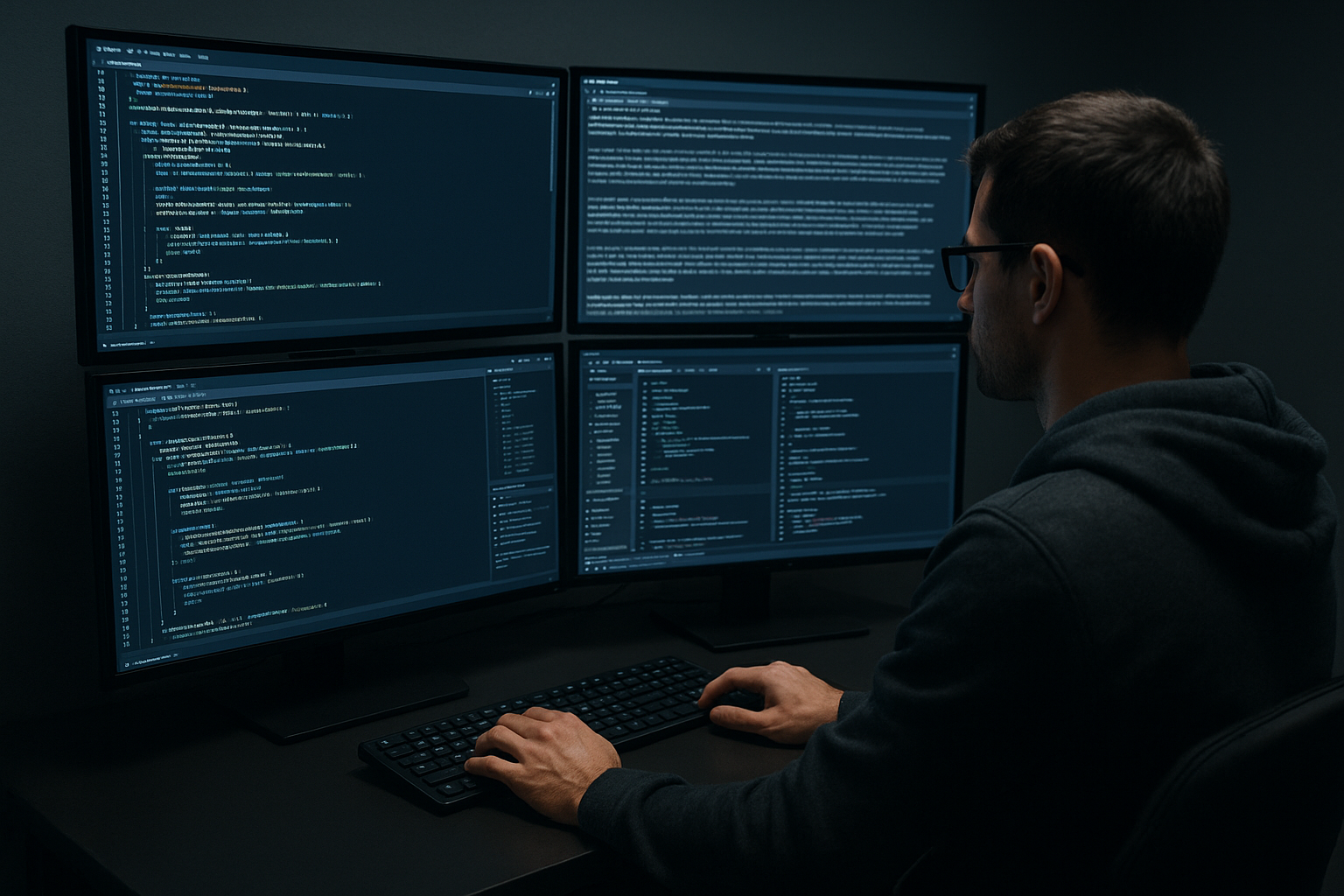 Max 플랜을 사용하는 개발자가 대형 코드 베이스를 다루는 모습, 다중 모니터와 긴 문맥 창 강조