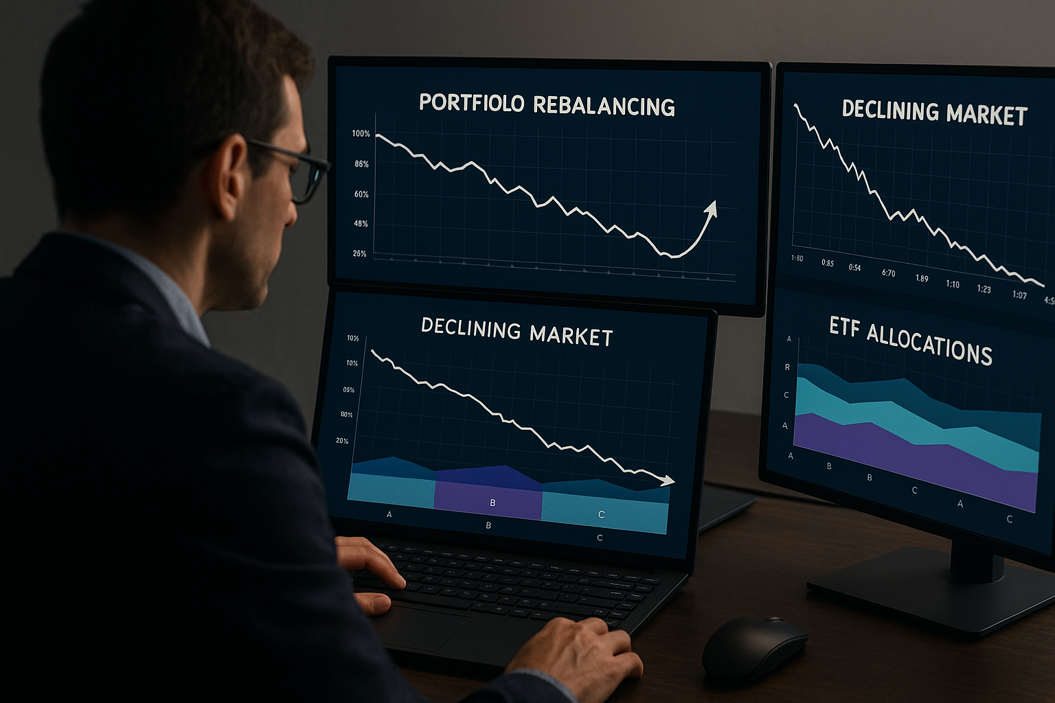하락장 상황에서 ETF 비중 리밸런싱을 관리하는 투자자의 모습