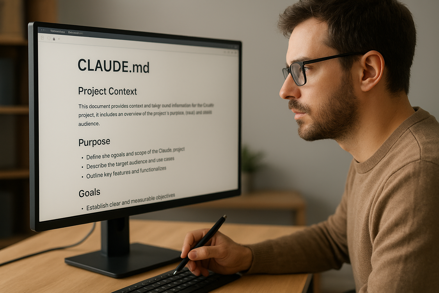 명확하고 구조화된 프로젝트 컨텍스트 문서 작성을 위해 CLAUDE.md 파일을 꼼꼼히 검토 중인 개발자