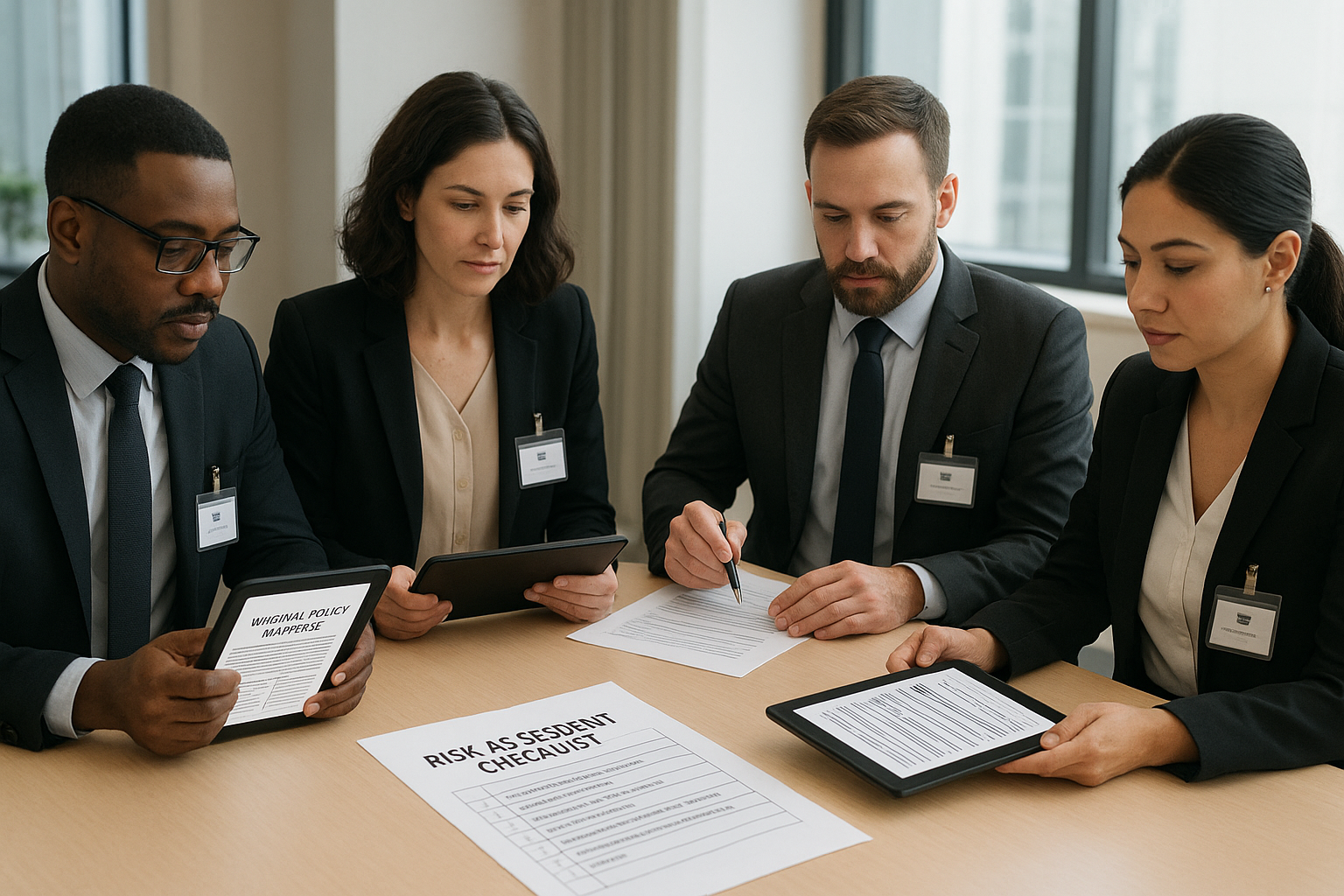 보안 및 컴플라이언스 담당팀이 내부 정책 매핑과 위험 평가 체크리스트를 검토하는 모습
