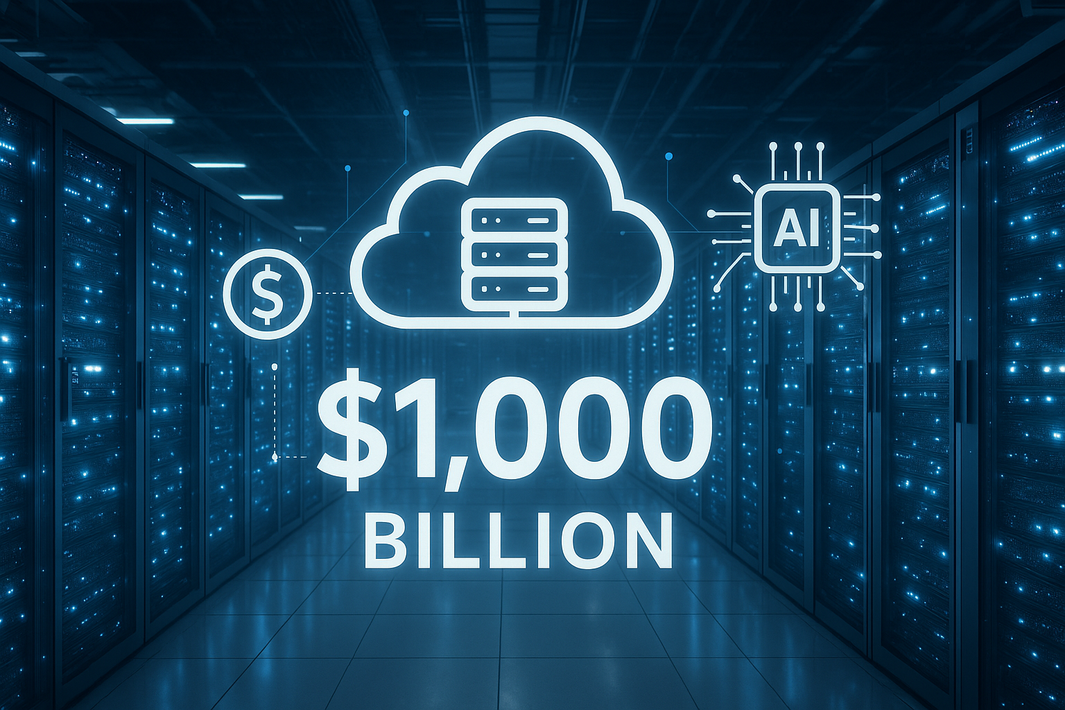 1000억 달러 클라우드 컴퓨팅 계약을 상징하는 대규모 데이터 센터 이미지