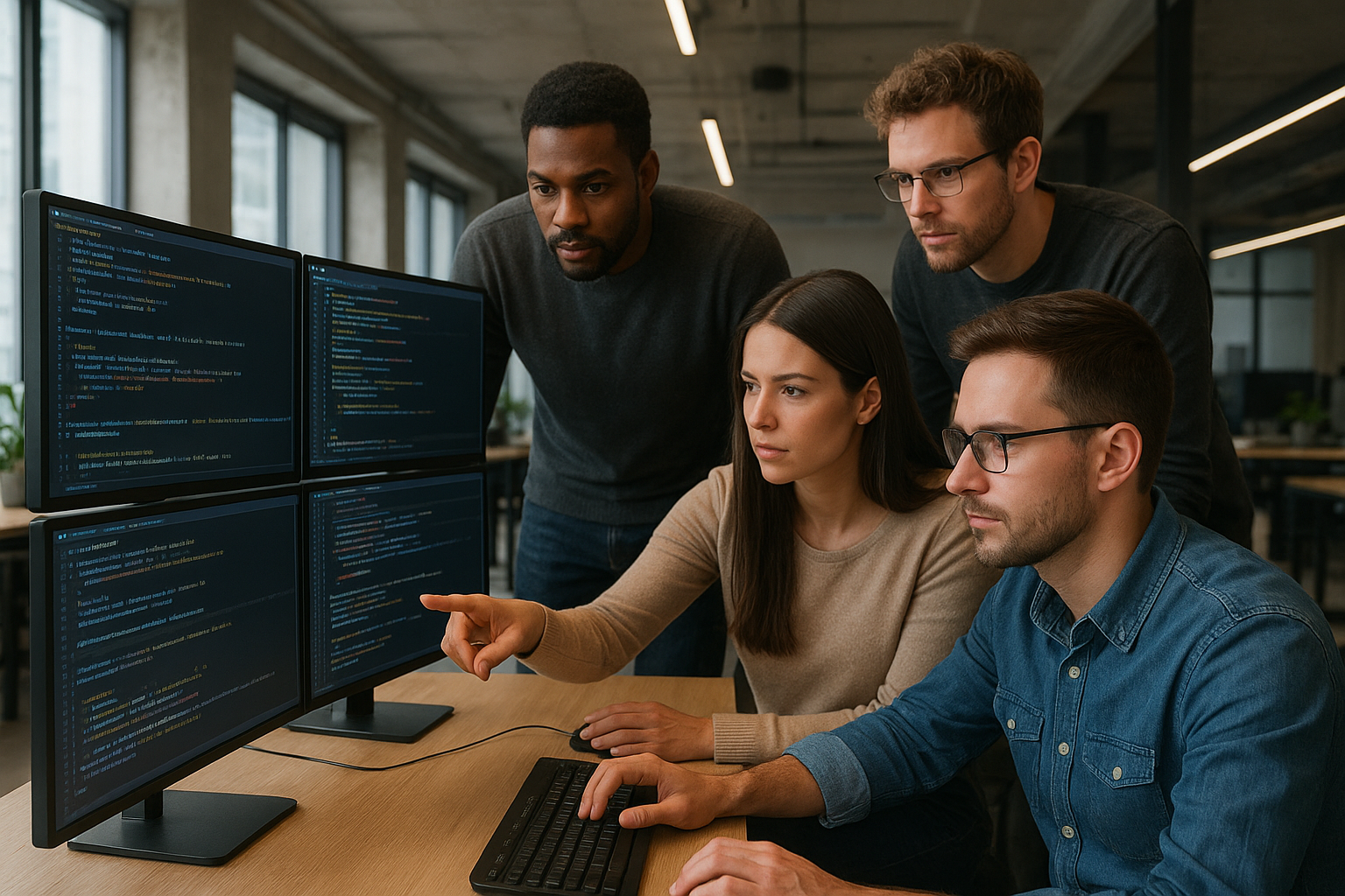 클로드 옵스 4.7의 코드 리뷰 및 장기 에이전트 실행 강점을 보여주는 개발팀 모습