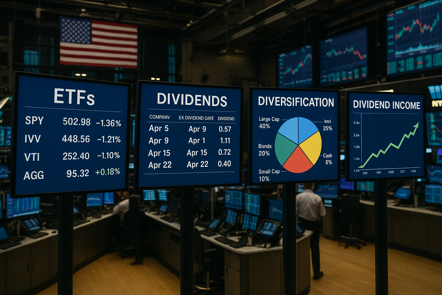 미국 시장의 ETF와 배당 스케줄, 투자 분산과 배당 수익을 보여주는 증권거래소의 모습