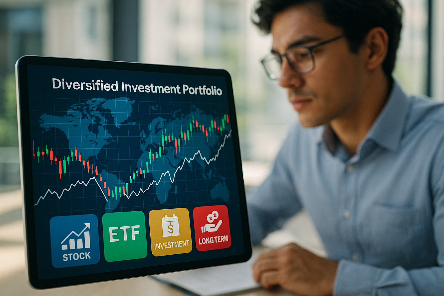 청년 직장인이 사무실에서 글로벌 ETF 포트폴리오와 주식 차트를 보는 모습