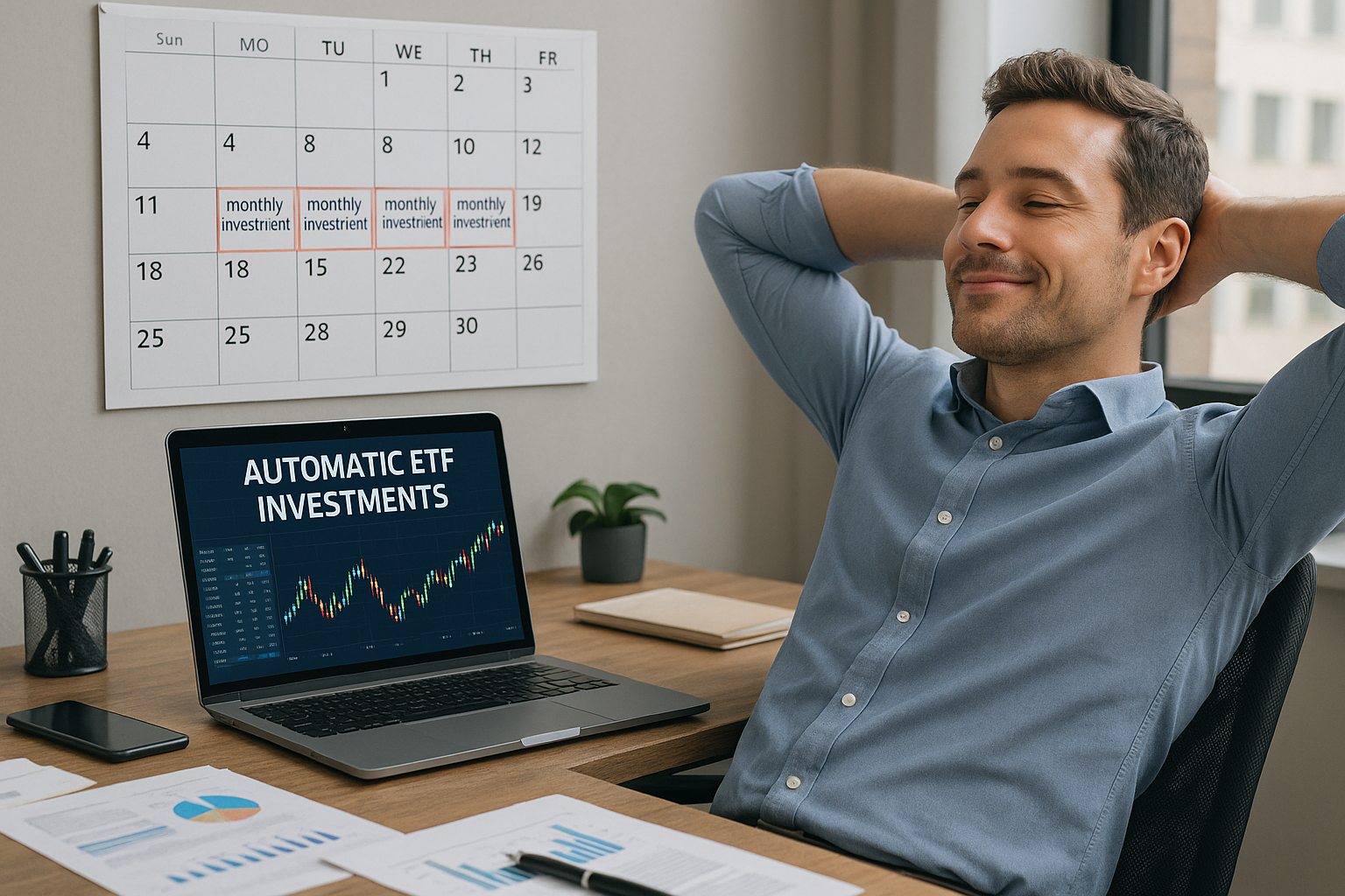 직장인이 자동 ETF 적립 투자 시스템을 설정하는 모습