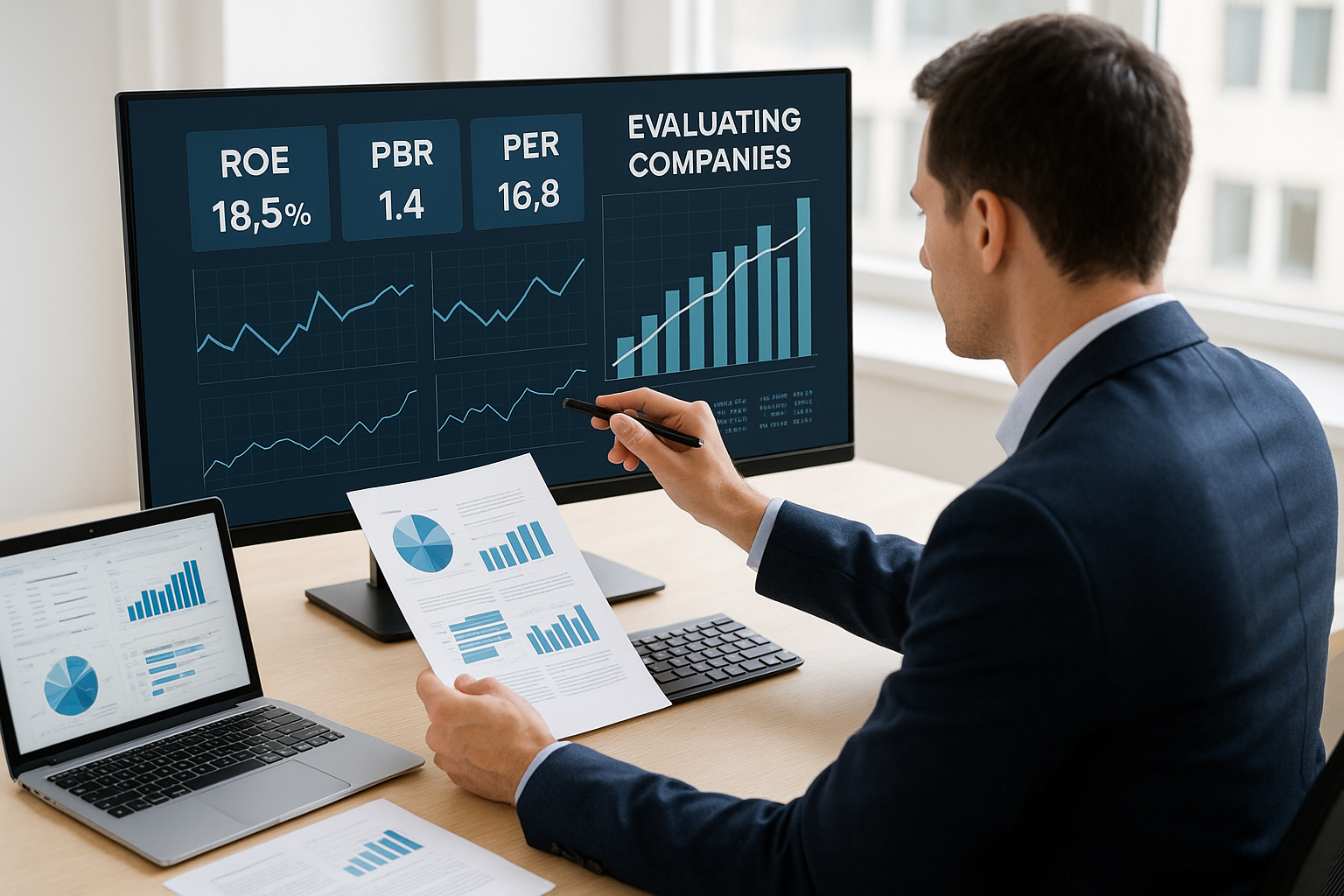 퀀트 지표를 사용해 섹터별 종목을 평가하는 금융 분석가 이미지