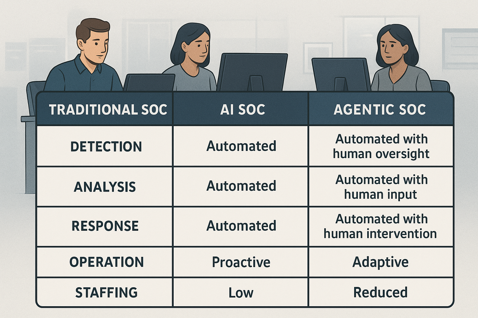 전통 SOC, AI SOC, Agentic SOC의 구조 및 운영 방식 차이를 보여주는 비교 차트