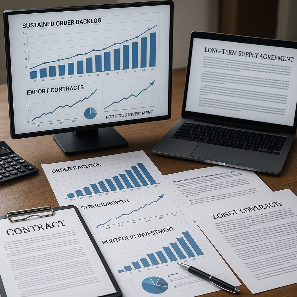 장기 수주잔고와 수출 계약을 강조하는 방산 산업 투자 혜택을 나타내는 비즈니스 사무실 내 재무 자료 이미지