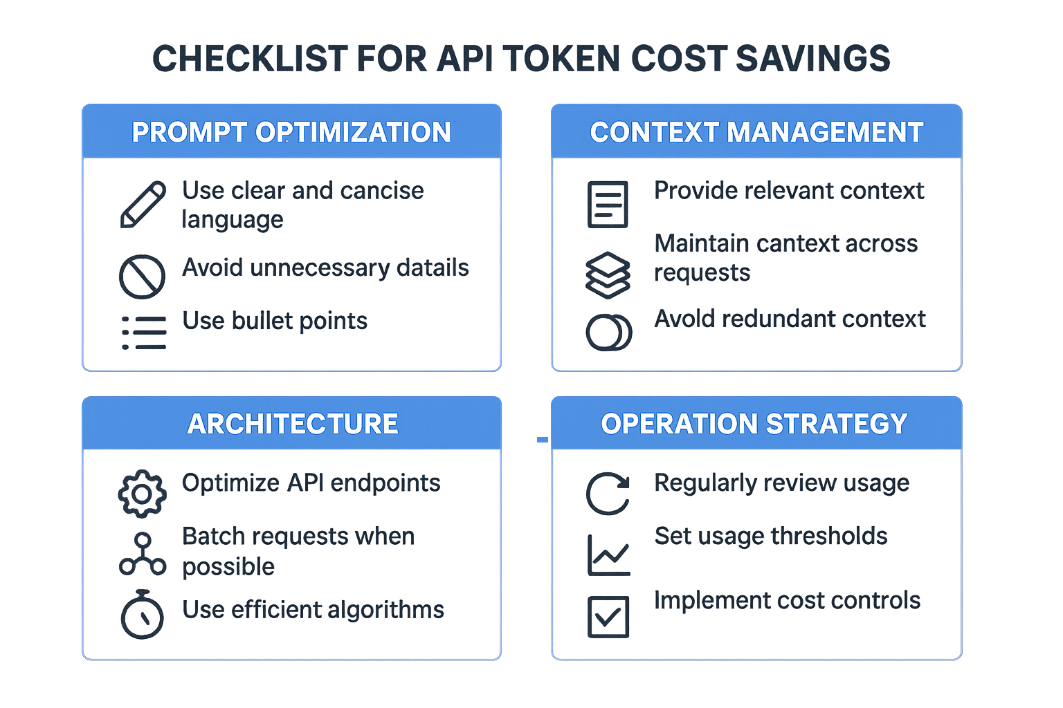 API 토큰 비용 절감을 위한 프롬프트 최적화 및 운영 전략 체크리스트 인포그래픽