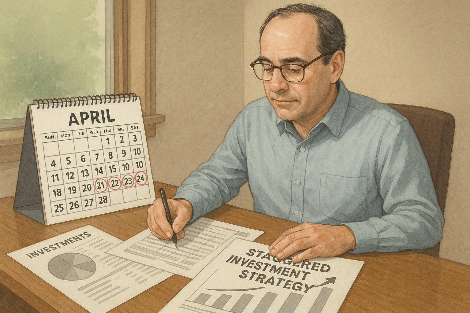 중장년 투자자가 월배당 ETF 분할매수 전략을 위해 달력과 금융 문서를 보며 계획하는 모습