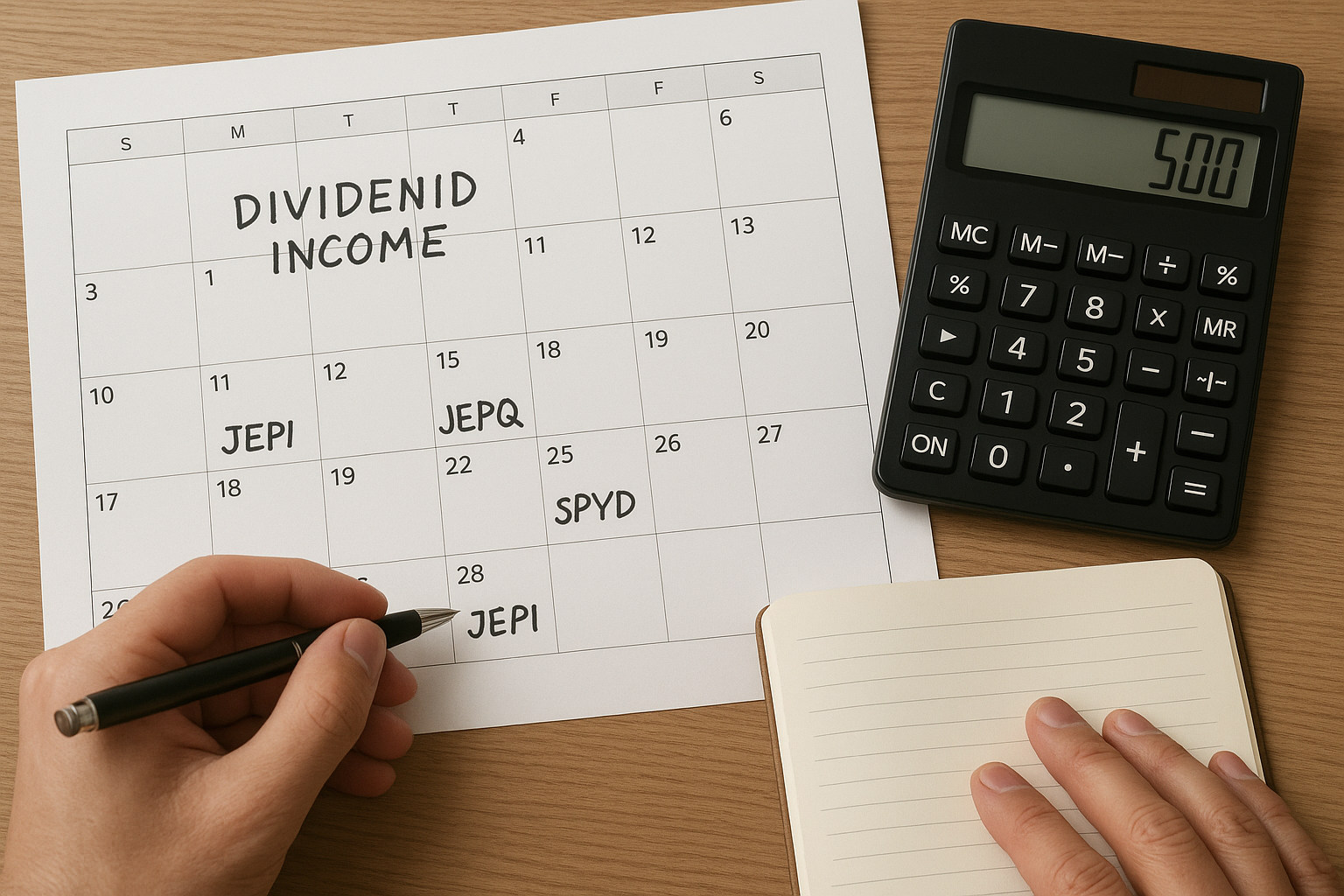 월배당과 분기배당 ETF의 월별 현금 흐름 계획을 위한 달력과 계산기, 메모지가 함께 있는 투자 계획 이미지