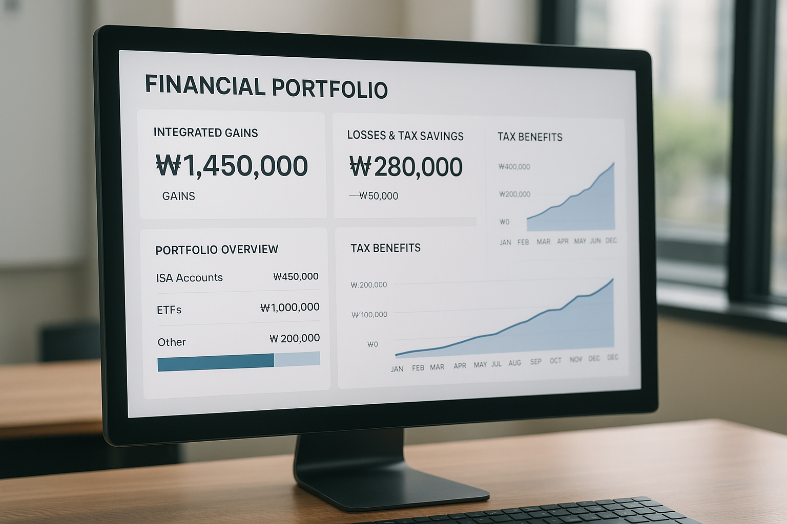 ISA 해외 ETF 절세 구조와 일반 계좌 대비 세후 수익 차이를 보여주는 금융 포트폴리오 대시보드.