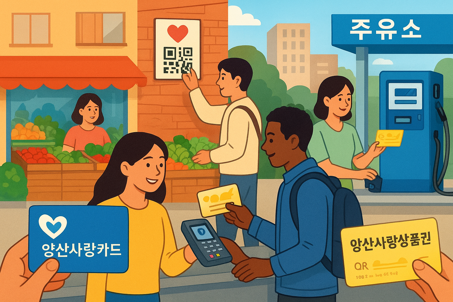 양산사랑카드와 상품권을 지역 내 가맹점에서 실제로 사용하는 장면을 담은 생활 현장 이미지