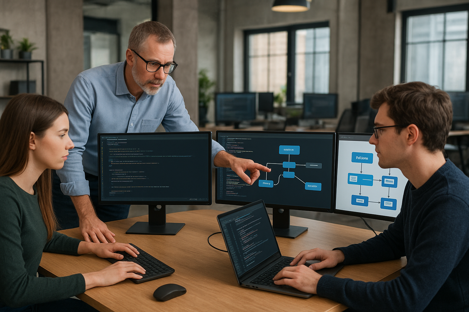 소프트웨어 개발팀이 모여 코드 리뷰와 리팩토링 작업을 협력하는 현대적인 사무실 풍경