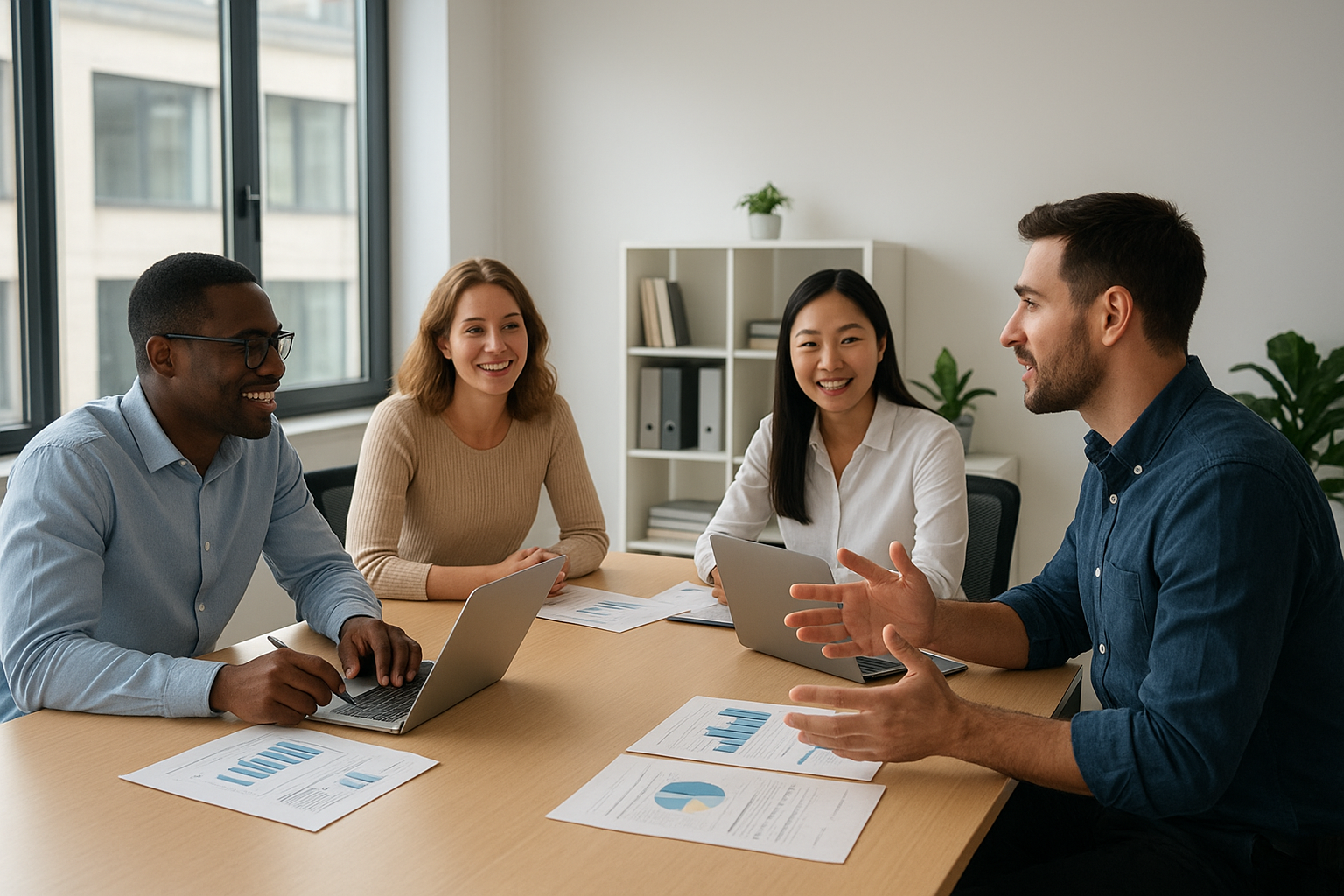 다양한 직원들이 협업하는 소규모 스타트업 사무실 회의실