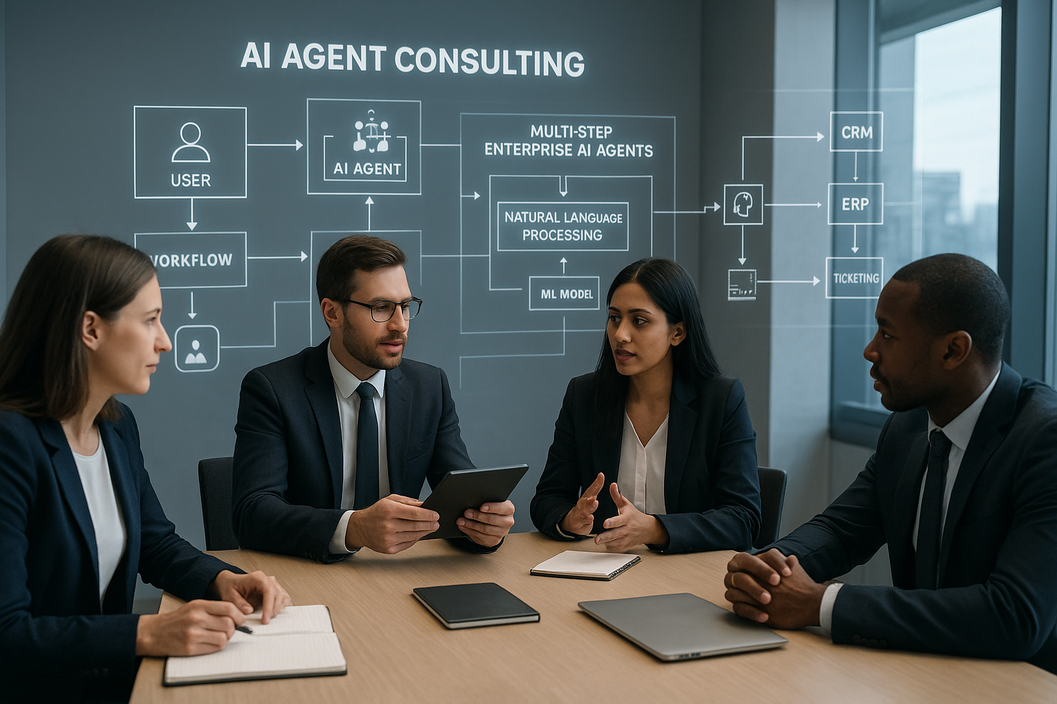 비즈니스 팀이 AI 에이전트 컨설팅 전략과 엔터프라이즈 AI 에이전트 워크플로를 논의하는 사무실 회의 장면
