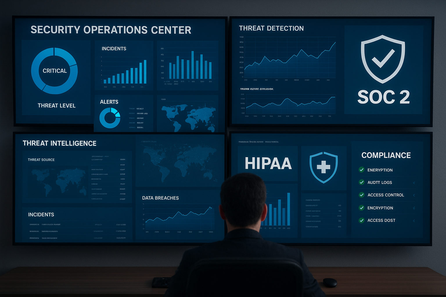 기업 보안 운영 센터 화면, SOC2 및 HIPAA 컴플라이언스 지표가 표시된 다중 모니터