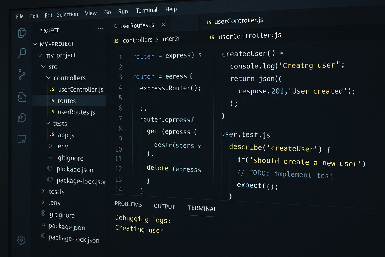 AI 코딩 어시스턴트를 활용해 다중 파일 프로젝트와 코드 디버깅, 테스트 작성이 진행 중인 개발자의 컴퓨터 화면