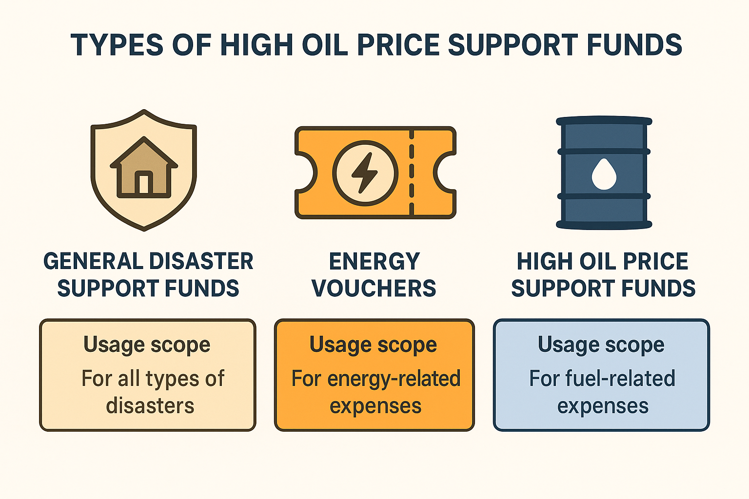 일반 재난지원금, 에너지 바우처, 고유가 피해지원금의 차이점을 비교하는 인포그래픽