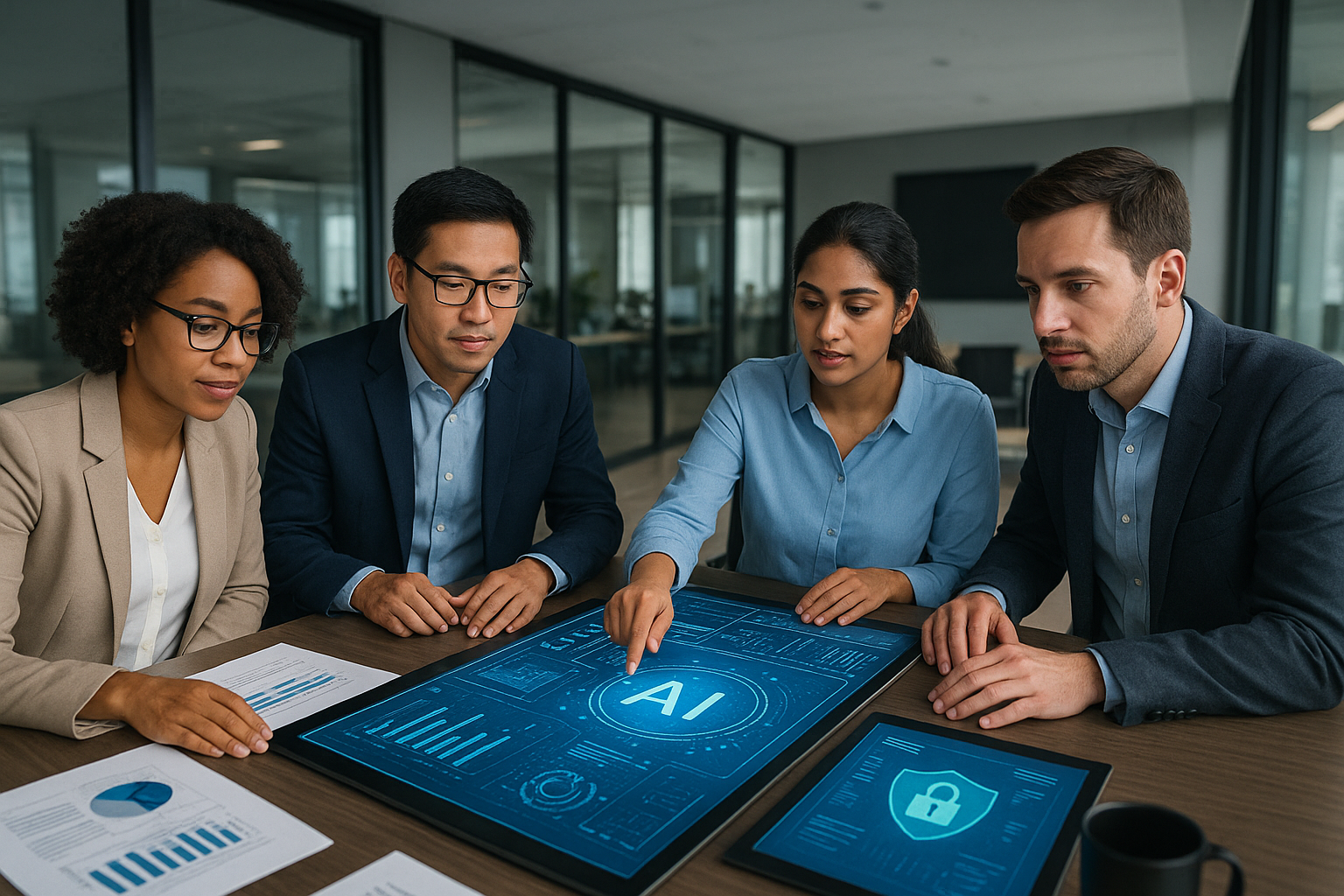 현대적인 사무실에서 다양한 전문가들이 디지털 워크스페이스를 중심으로 협업하는 모습