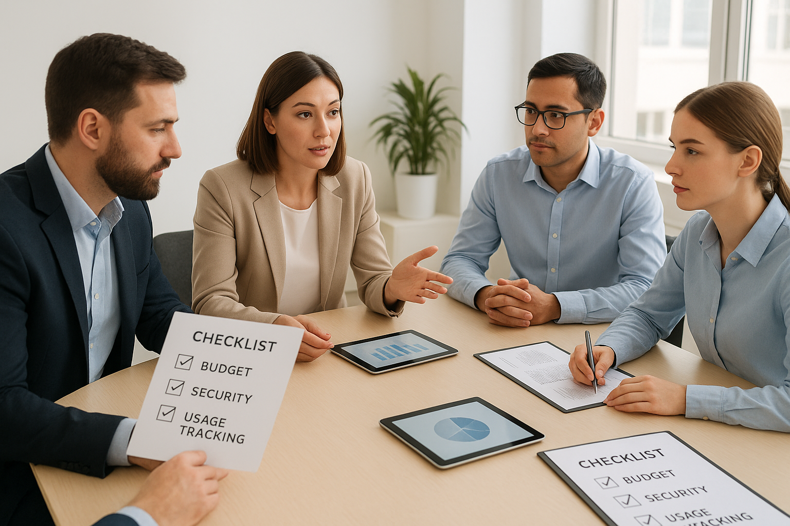 예산, 보안, 사용량 추적 중심으로 파일럿 프로젝트 계획을 논의하는 팀 미팅 장면