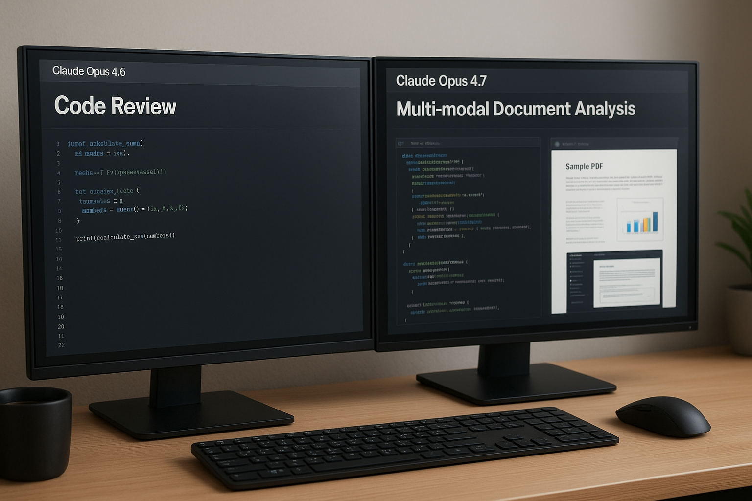 개발자가 두 개의 모니터를 사용하는 작업공간으로 한쪽에는 Claude Opus 4.6 코드 리뷰, 다른 한쪽에는 더 구조적이고 다중 모달 분석이 가능한 Claude Opus 4.7이 보여지는 모습