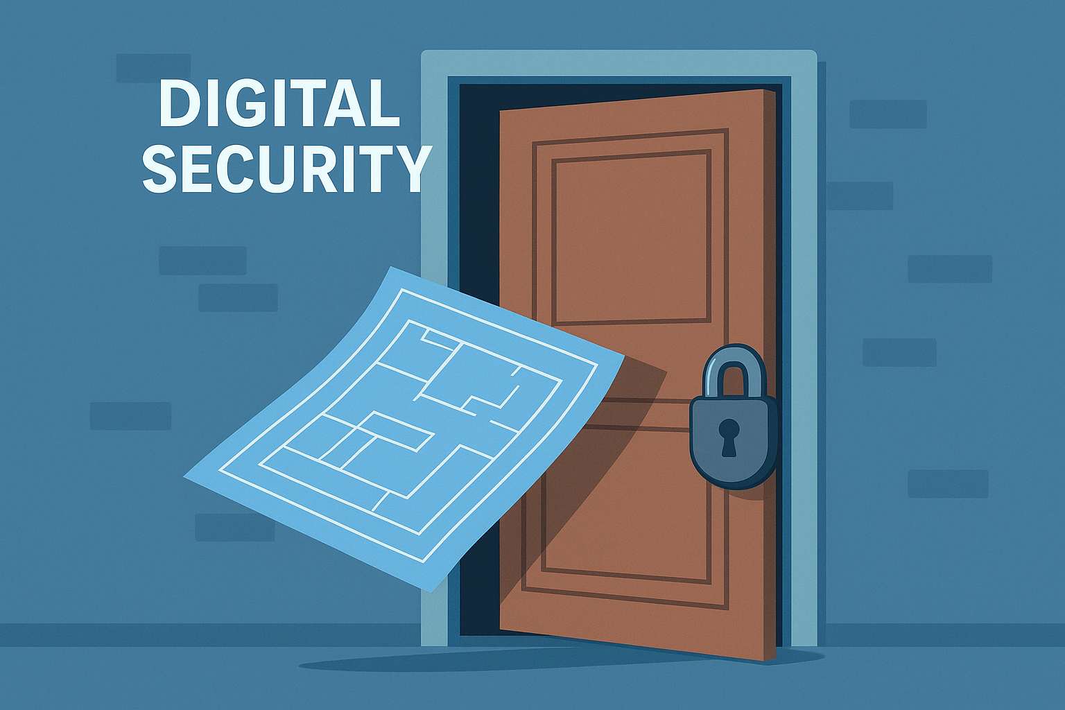 내부 실수로 인한 정보 유출을 상징하는 잠기지 않은 문과 빠져나가는 설계도