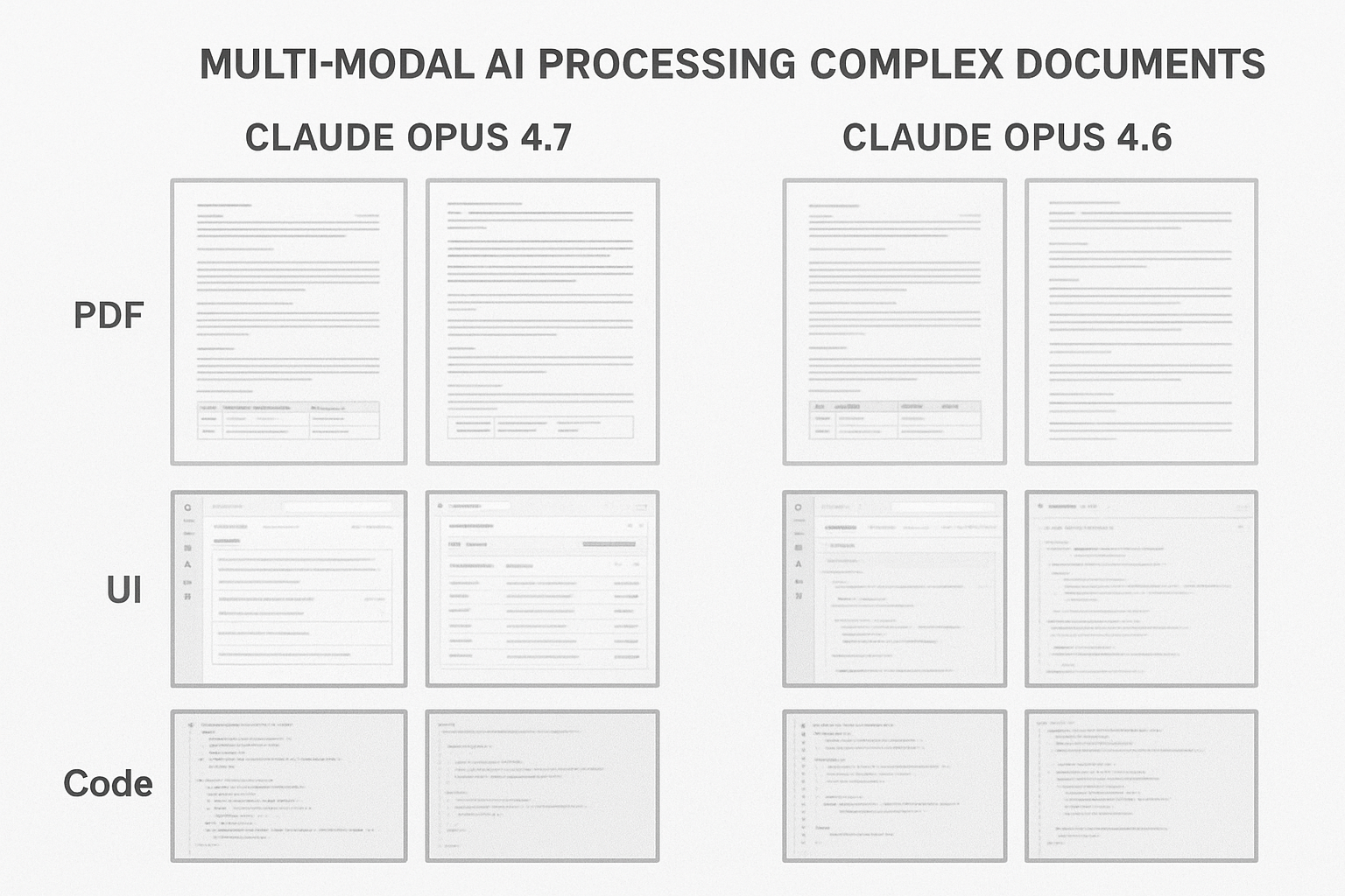 Claude Opus 4.7과 4.6의 고해상도 이미지 인식 및 UI, PDF, 코드 스크린샷 분석 능력 차이를 보여주는 실사 스타일의 시각화