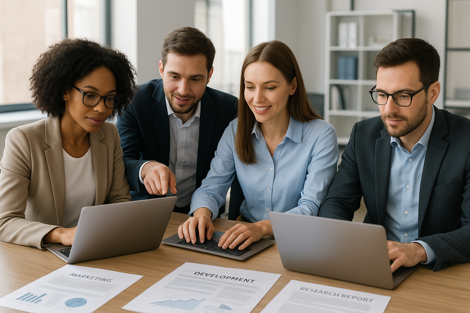 마케팅과 개발 업무를 함께 수행하며 AI 지원 하에 협업하는 비즈니스 팀