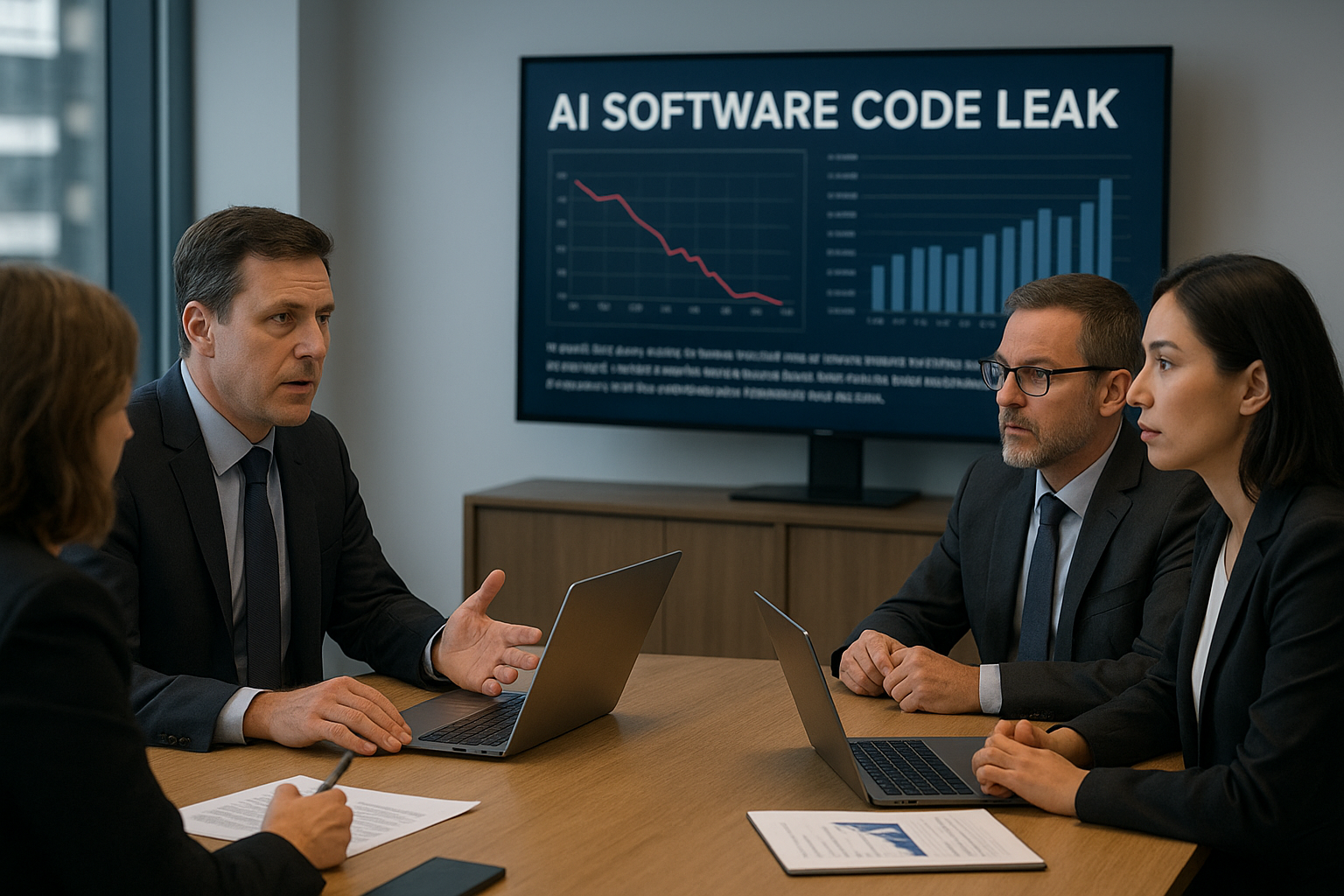 사무실에서 AI 소스코드 유출 영향에 대해 토론하는 기술 경영진 회의