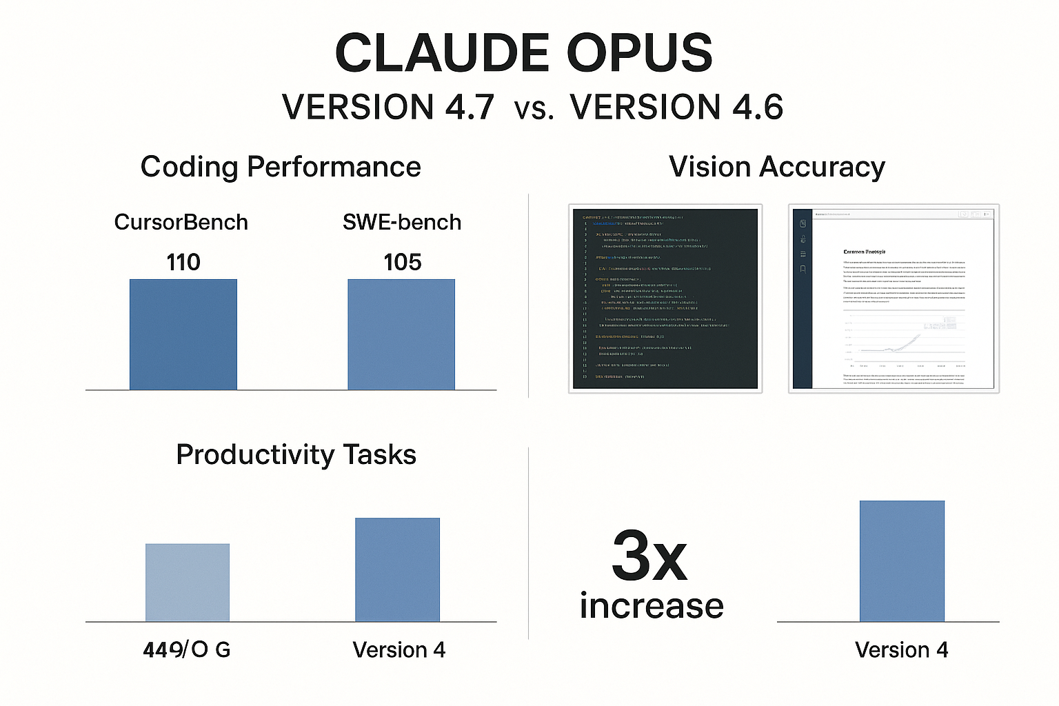 Claude Opus 4.7과 4.6의 코딩 성능, 비전 정확도, 생산성 차이를 시각적으로 비교하는 인포그래픽