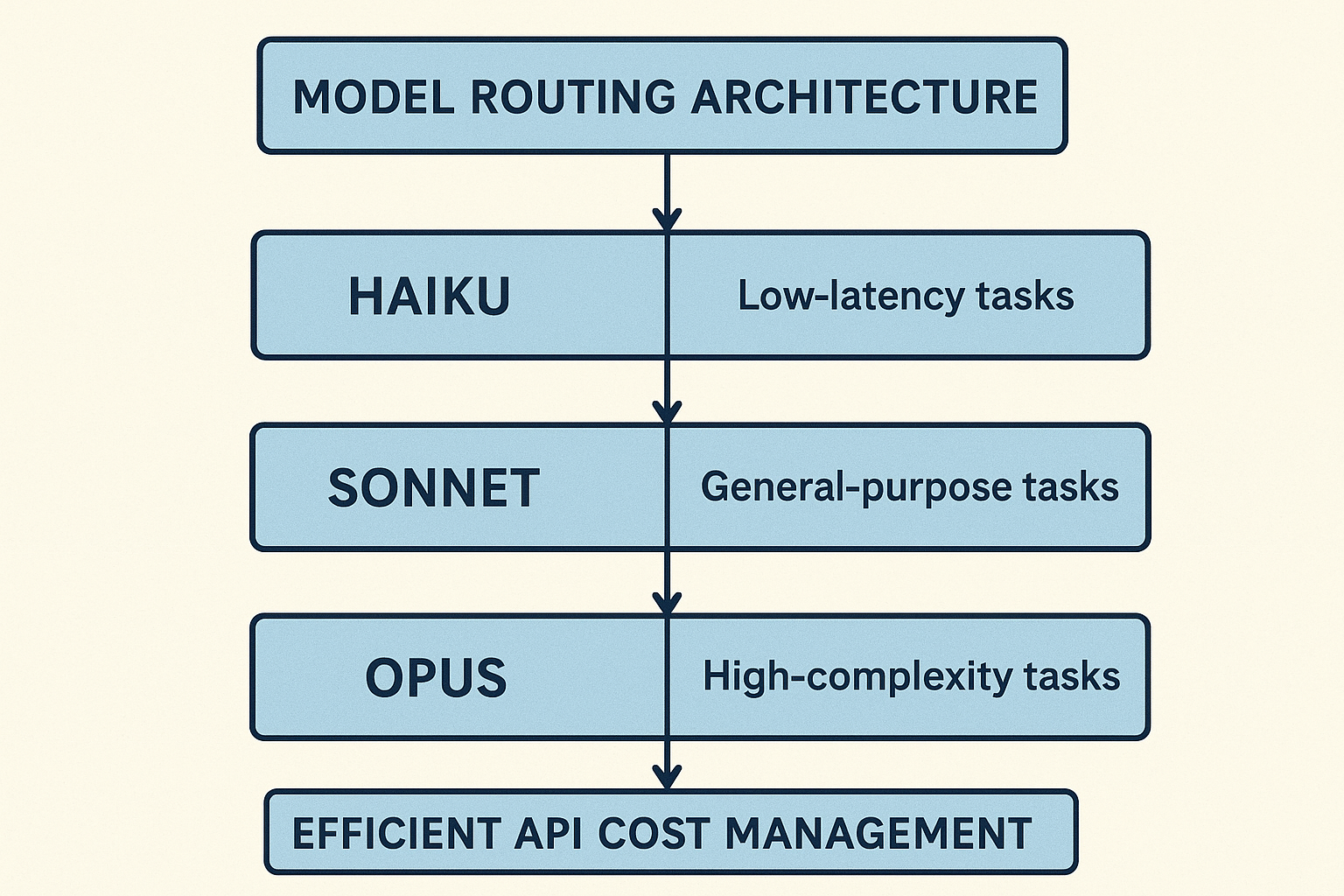 다양한 작업별 모델 라우팅 구조를 보여주는 3단계 플로우차트