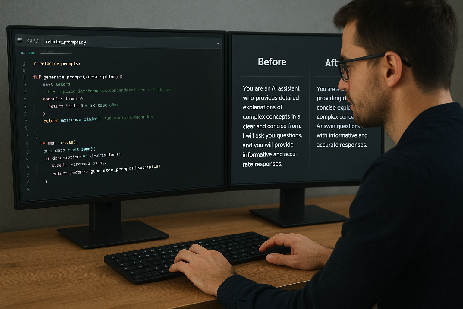 프롬프트를 리팩터링하며 토큰 절감 작업을 하는 개발자 모습