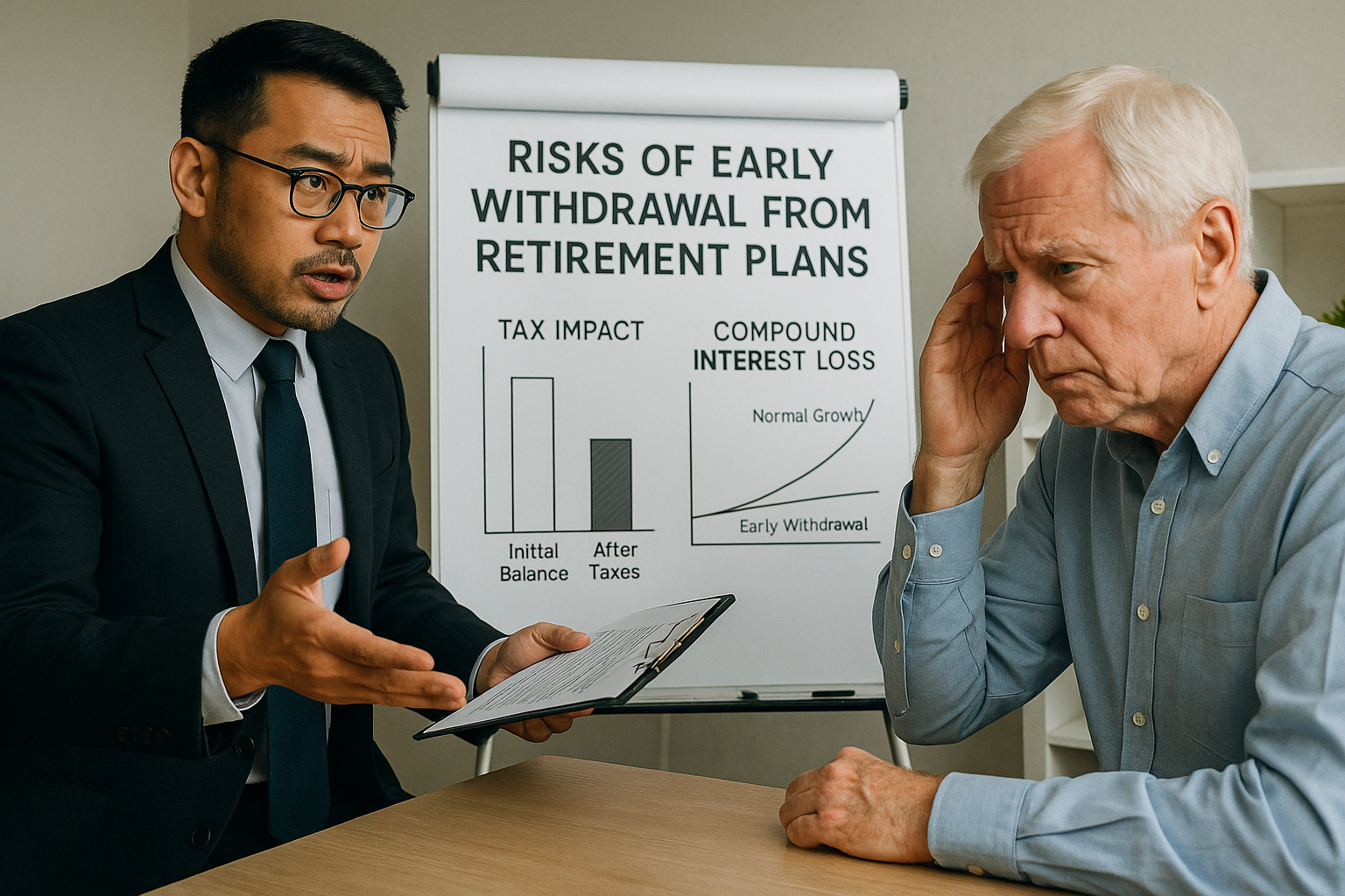 퇴직연금 중도인출의 위험성과 세금, 복리 손실을 상담하는 모습
