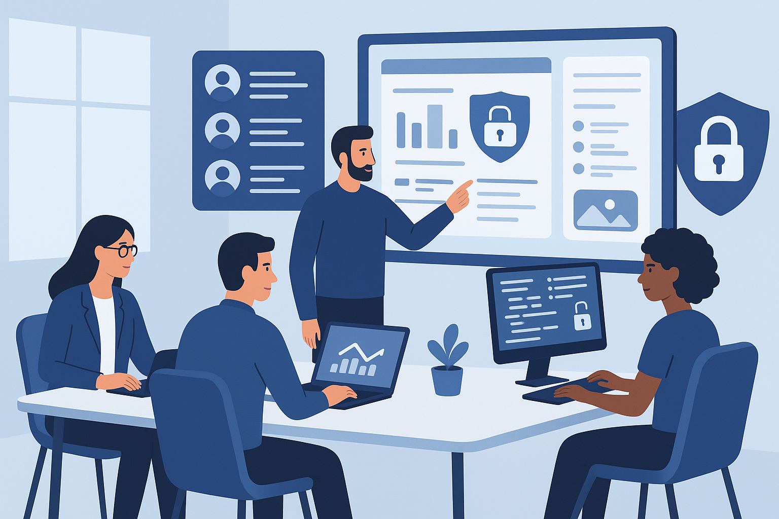 Team 플랜을 사용하는 조직에서 보안 기능과 팀 관리 대시보드를 활용하며 협업하는 모습