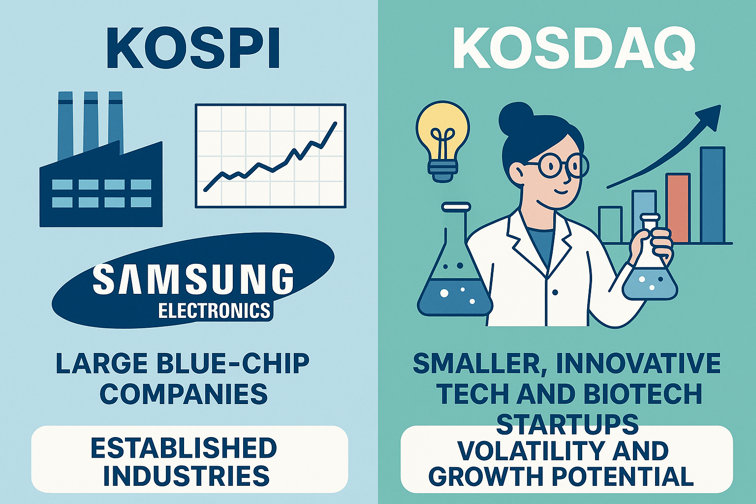 KOSPI와 KOSDAQ 시장의 차이를 시각적으로 표현한 인포그래픽 이미지