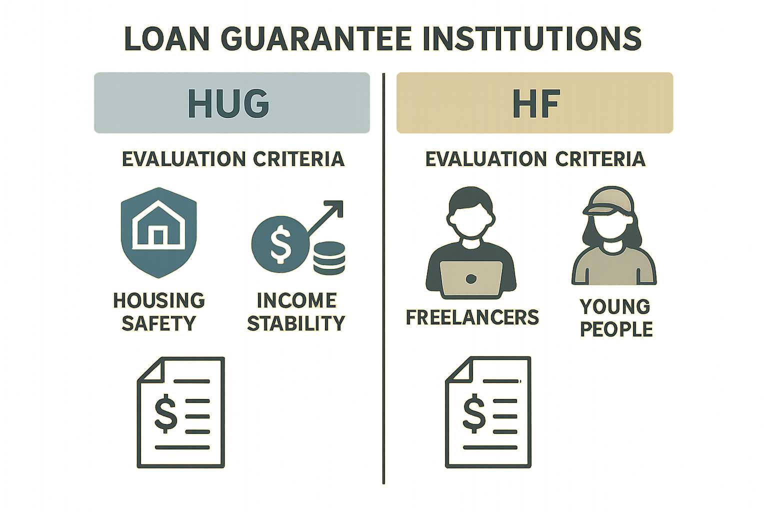 HUG와 HF 보증기관 심사 기조 비교 인포그래픽