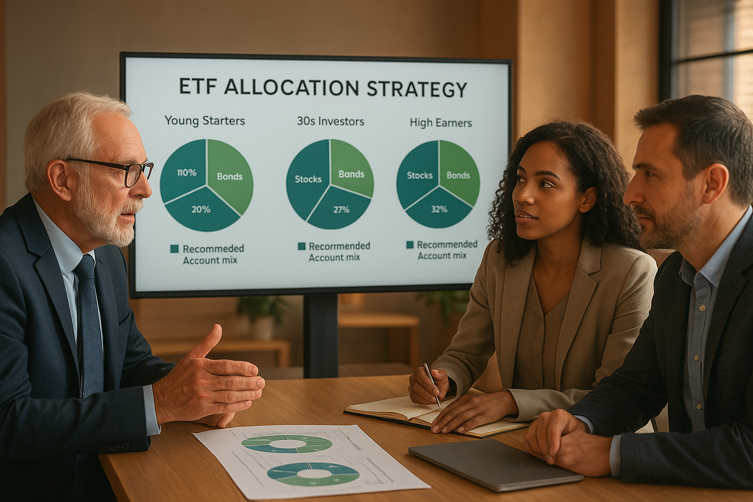 직장인 유형별 ETF 계좌 배치 전략을 논의하는 다양한 투자자 이미지