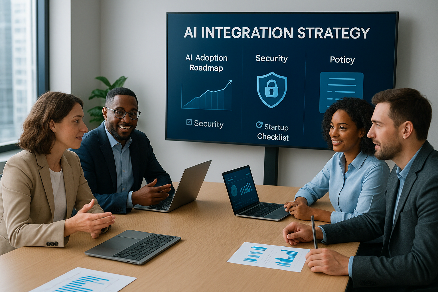 AI 도입 전략과 로드맵을 논의하는 기업 팀의 전문적인 회의 장면